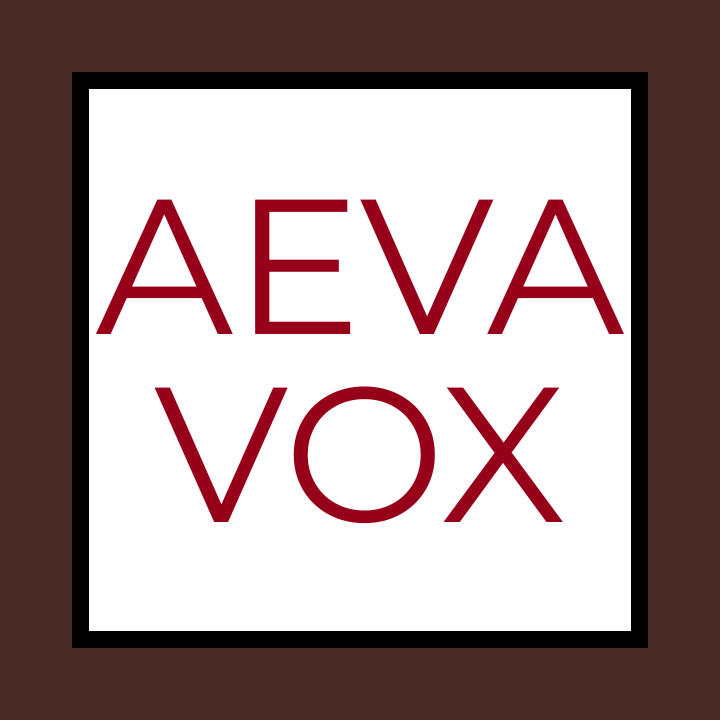 Aeva Vox logo, which is honestly just the words Aeva Vox all in uppercase red letters on a while background with a black box all around it. It's not very original, but it is kinda classic and simple.